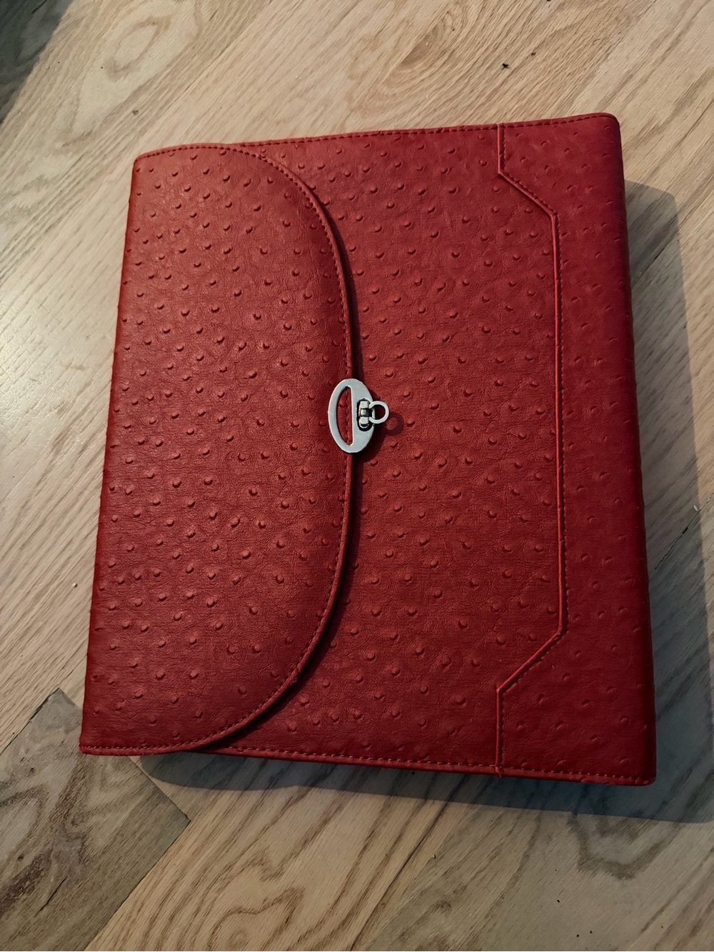 Red Faux Ostrich Textured File Folio with Silver Turn-Lock Closure